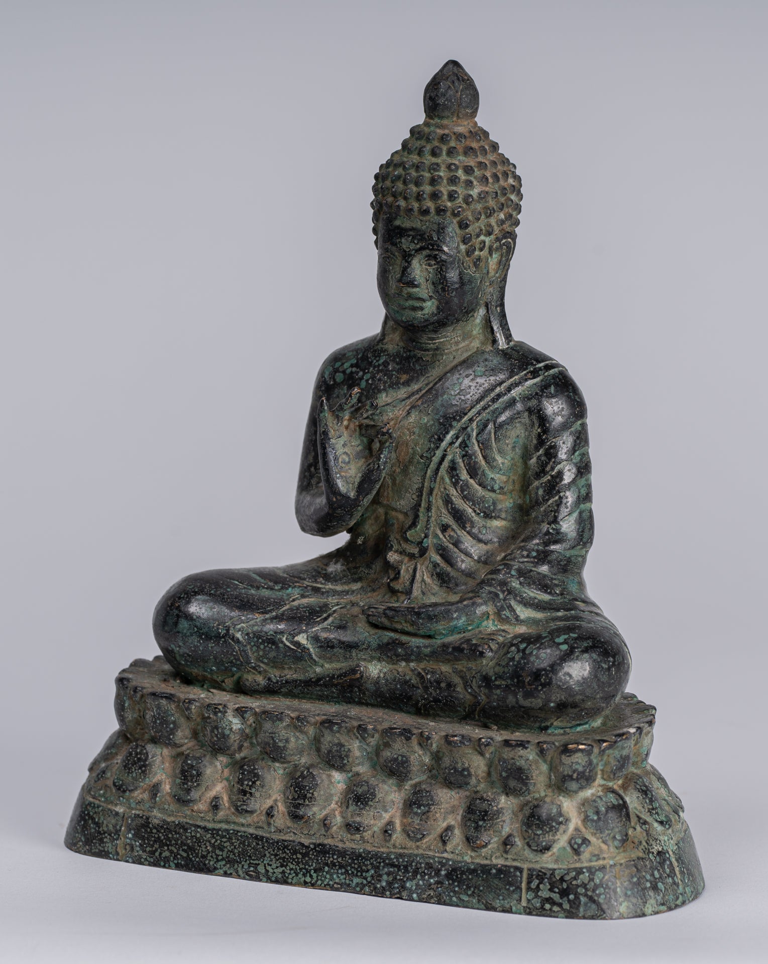 Buddha - Antique Khmer Style Bronze Enthroned Teaching Buddha Statue - 19cm/6"