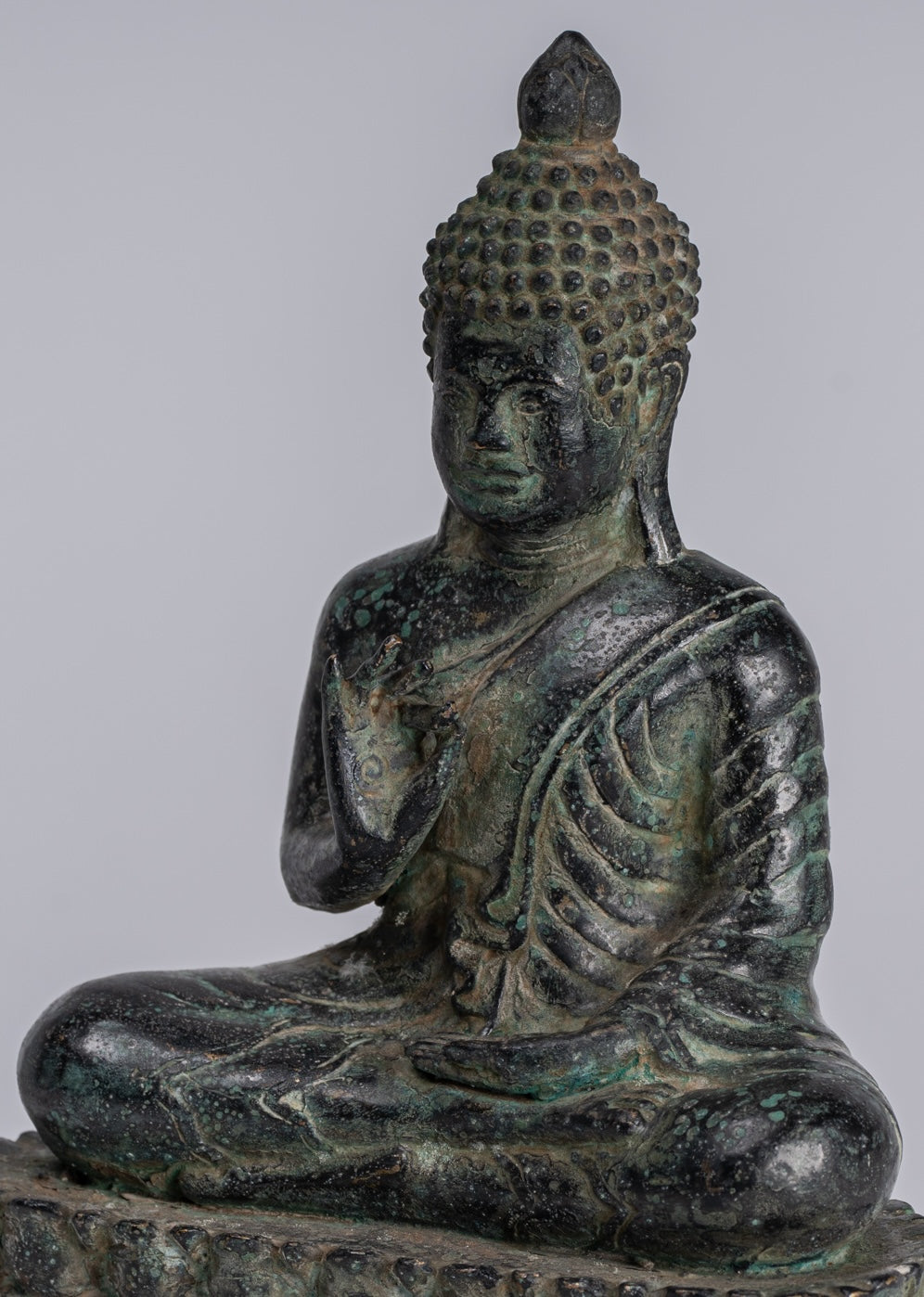 Buddha - Antique Khmer Style Bronze Enthroned Teaching Buddha Statue - 19cm/6"