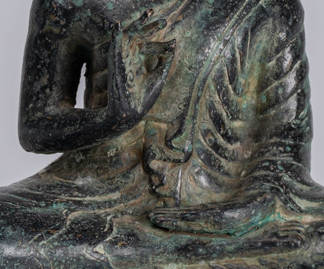 Buddha - Antique Khmer Style Bronze Enthroned Teaching Buddha Statue - 19cm/6"