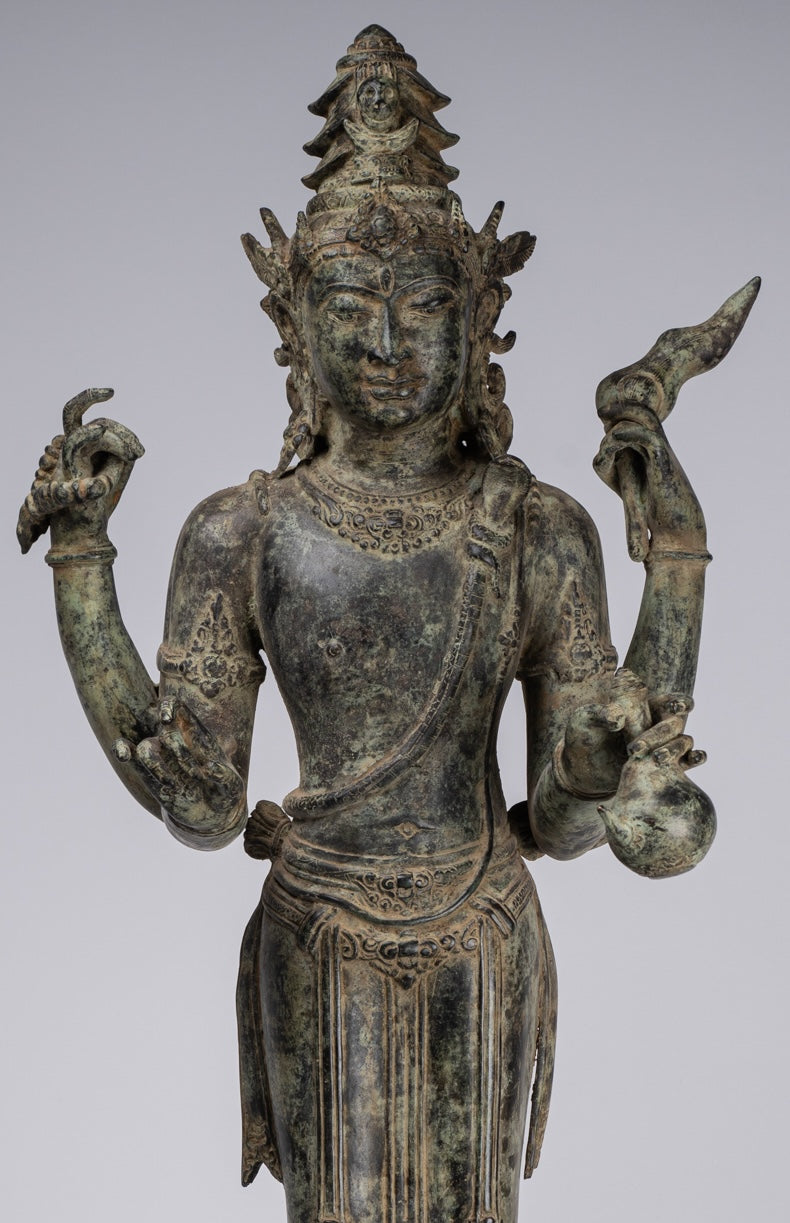 Shiva Statue - Antique Indonesian Style Bronze Javanese Standing 4-Arm Shiva Statue - 82cm/33"