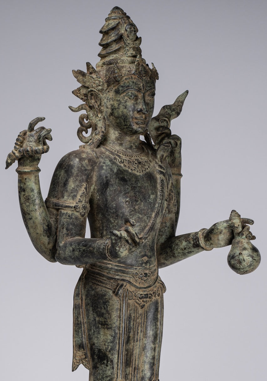 Shiva Statue - Antique Indonesian Style Bronze Javanese Standing 4-Arm Shiva Statue - 82cm/33"