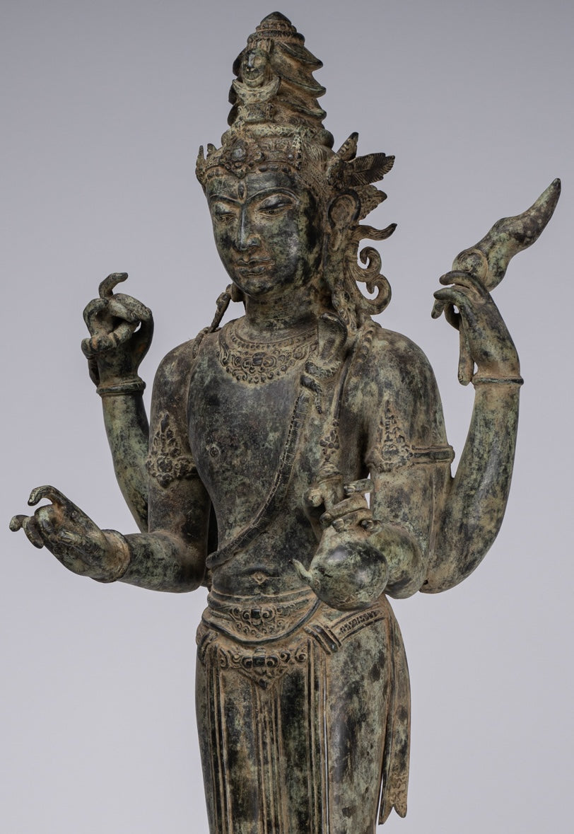 Shiva Statue - Antique Indonesian Style Bronze Javanese Standing 4-Arm Shiva Statue - 82cm/33"