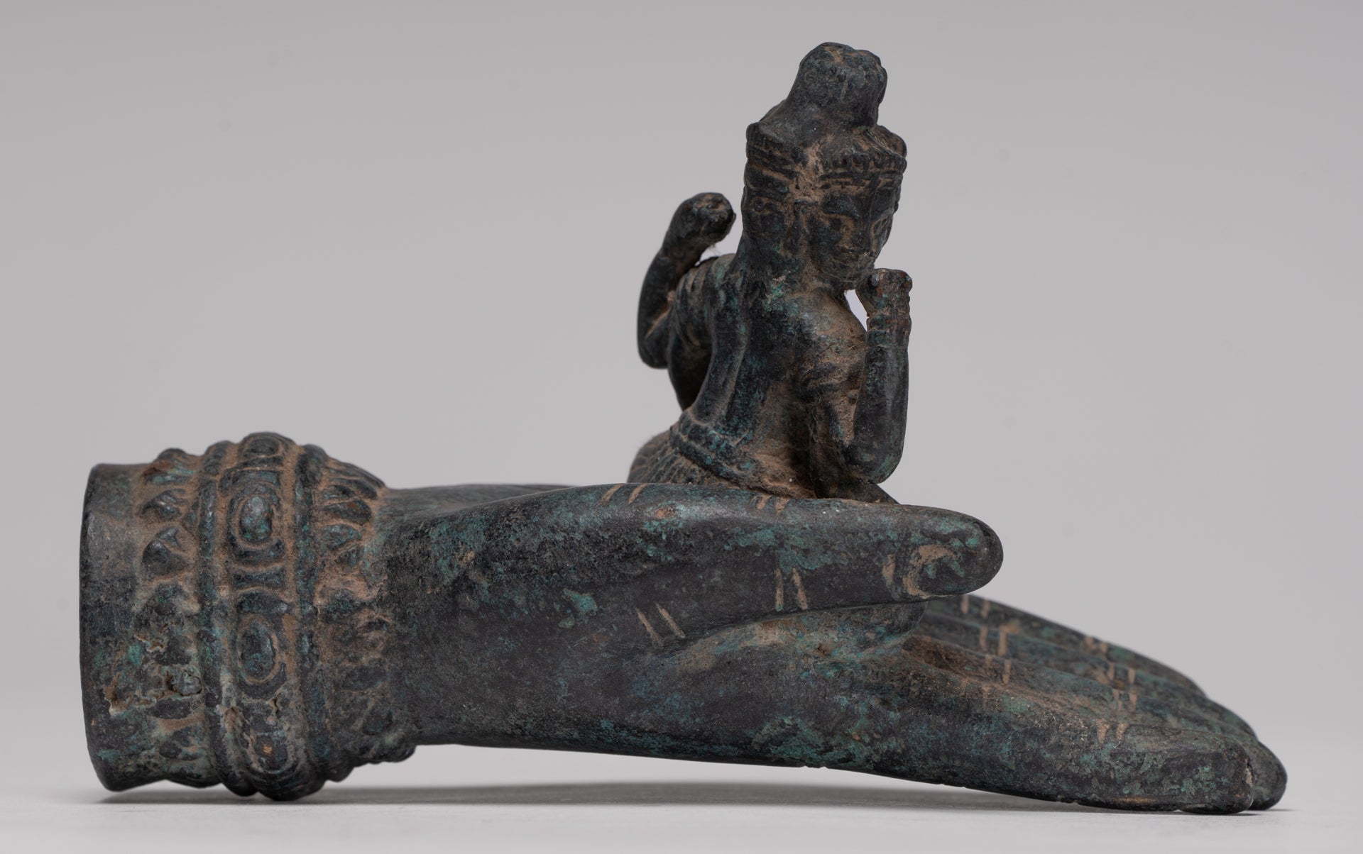 Freestanding Antique Khmer Style Bronze Koh Ker Hand & Brahma - 14cm/6"
