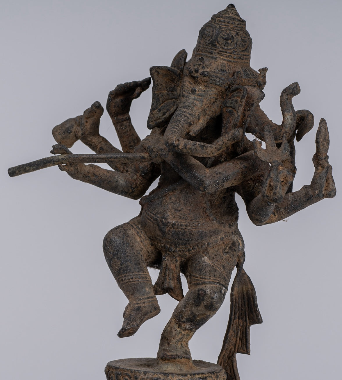 Ganesha Statue - Antique Javanese Style Bronze Dancing Indonesian Ganesha Statue Playing Flute - 29cm/12"