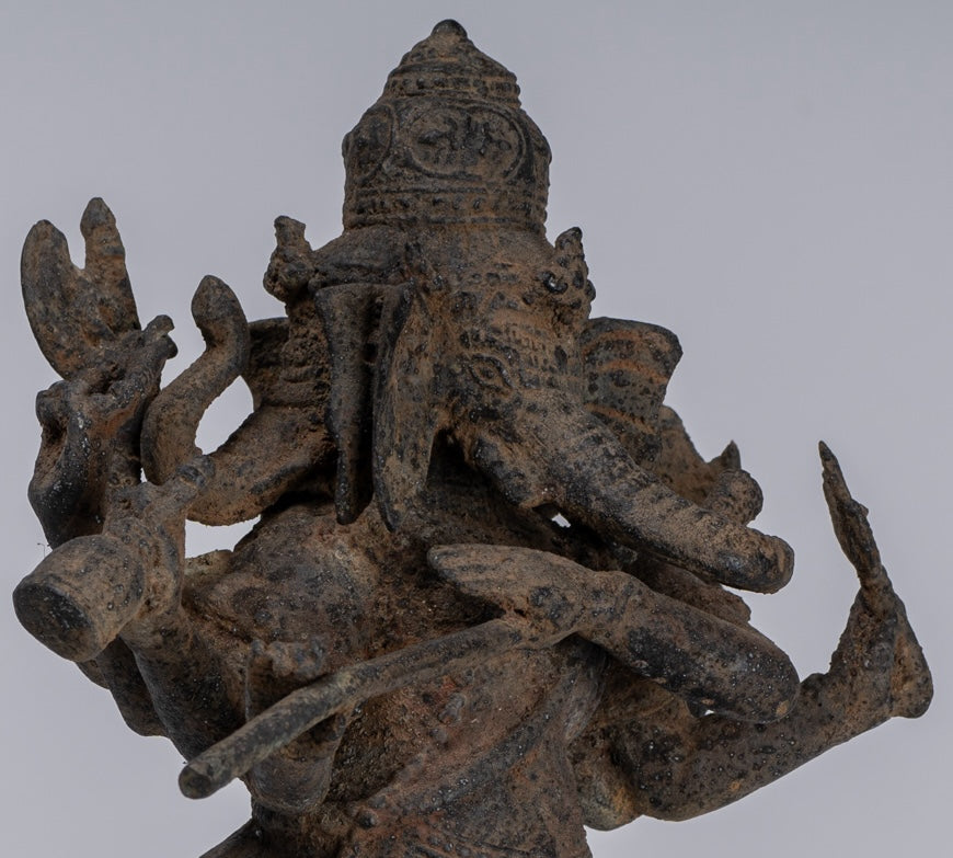 Ganesha Statue - Antique Javanese Style Bronze Dancing Indonesian Ganesha Statue Playing Flute - 29cm/12"
