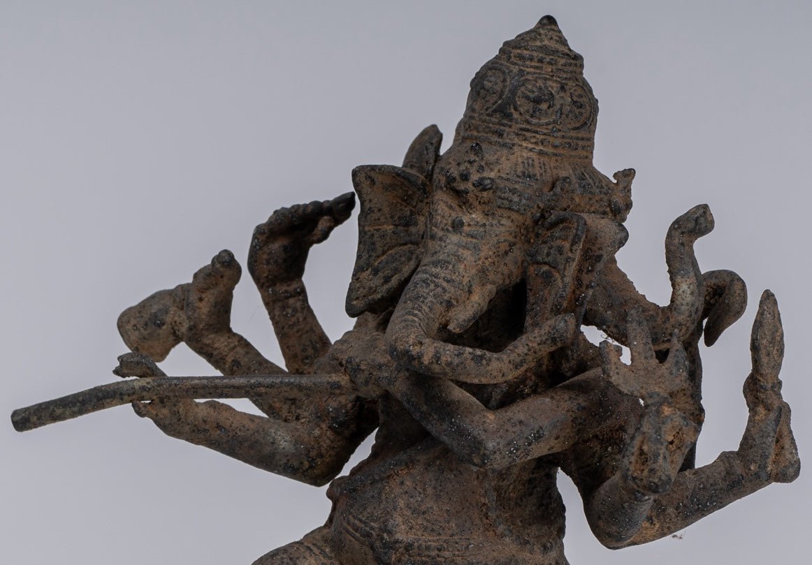 Ganesha Statue - Antique Javanese Style Bronze Dancing Indonesian Ganesha Statue Playing Flute - 29cm/12"