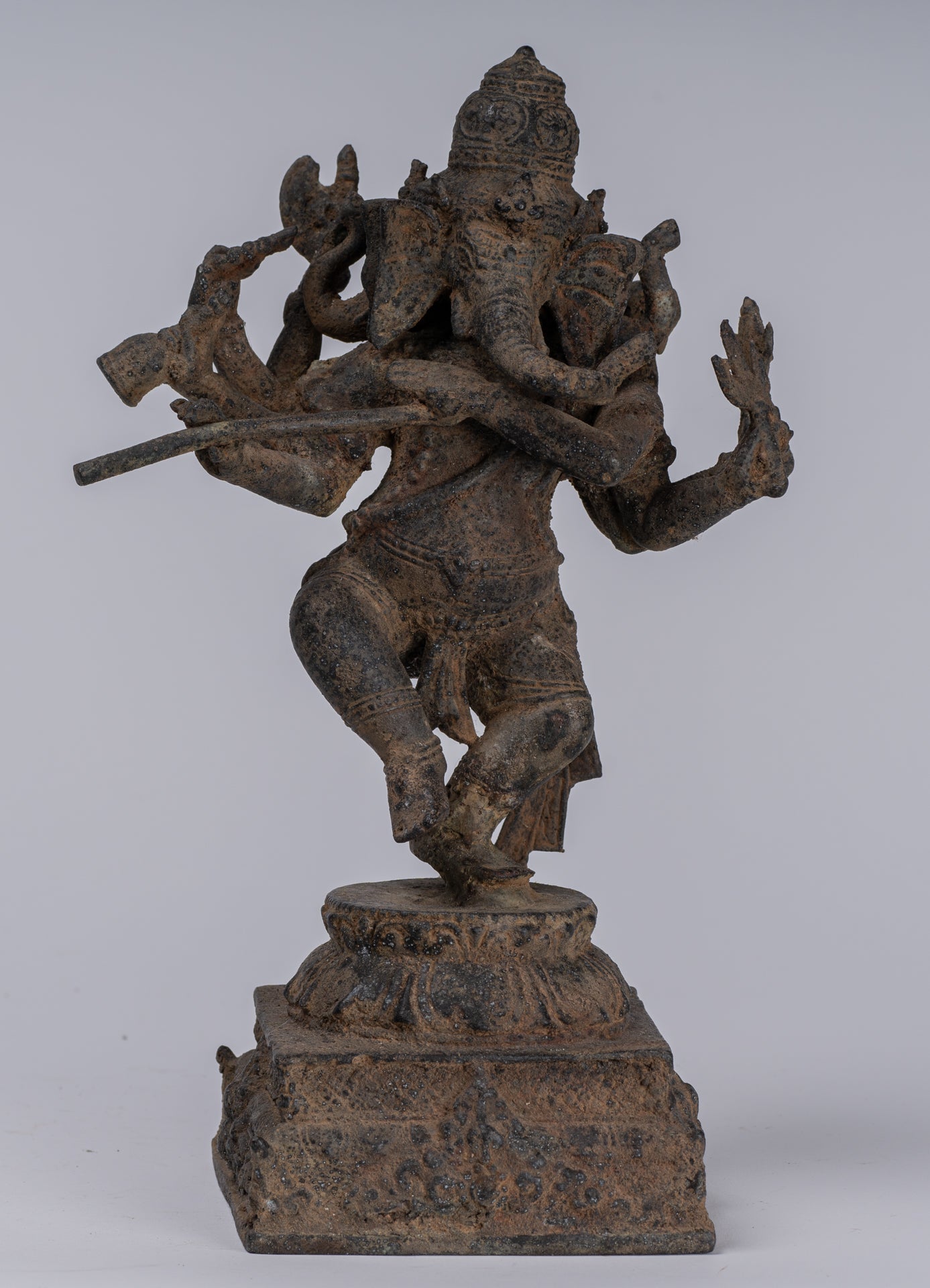 Ganesha Statue - Antique Javanese Style Bronze Dancing Indonesian Ganesha Statue Playing Flute - 29cm/12"