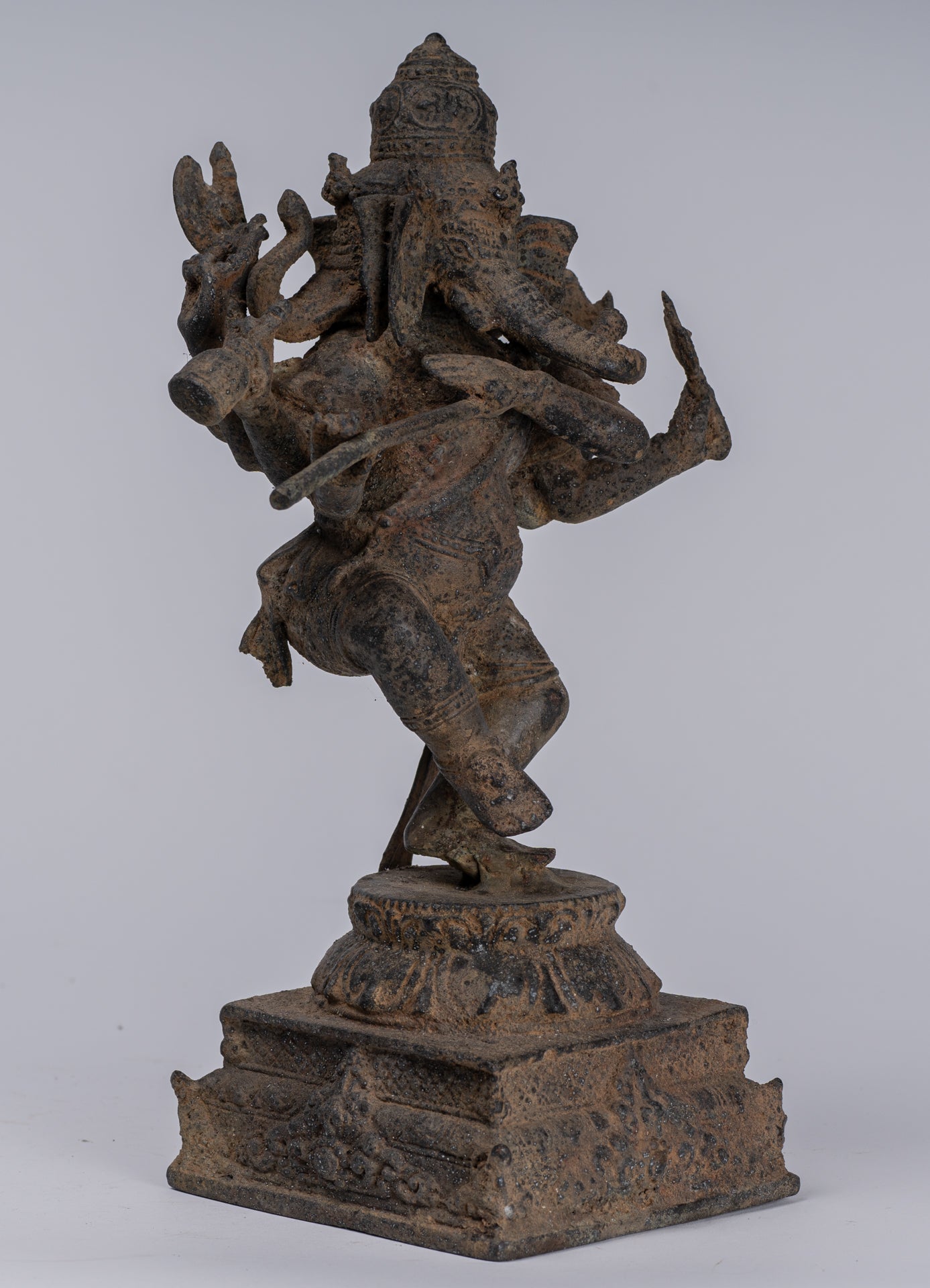 Ganesha Statue - Antique Javanese Style Bronze Dancing Indonesian Ganesha Statue Playing Flute - 29cm/12"
