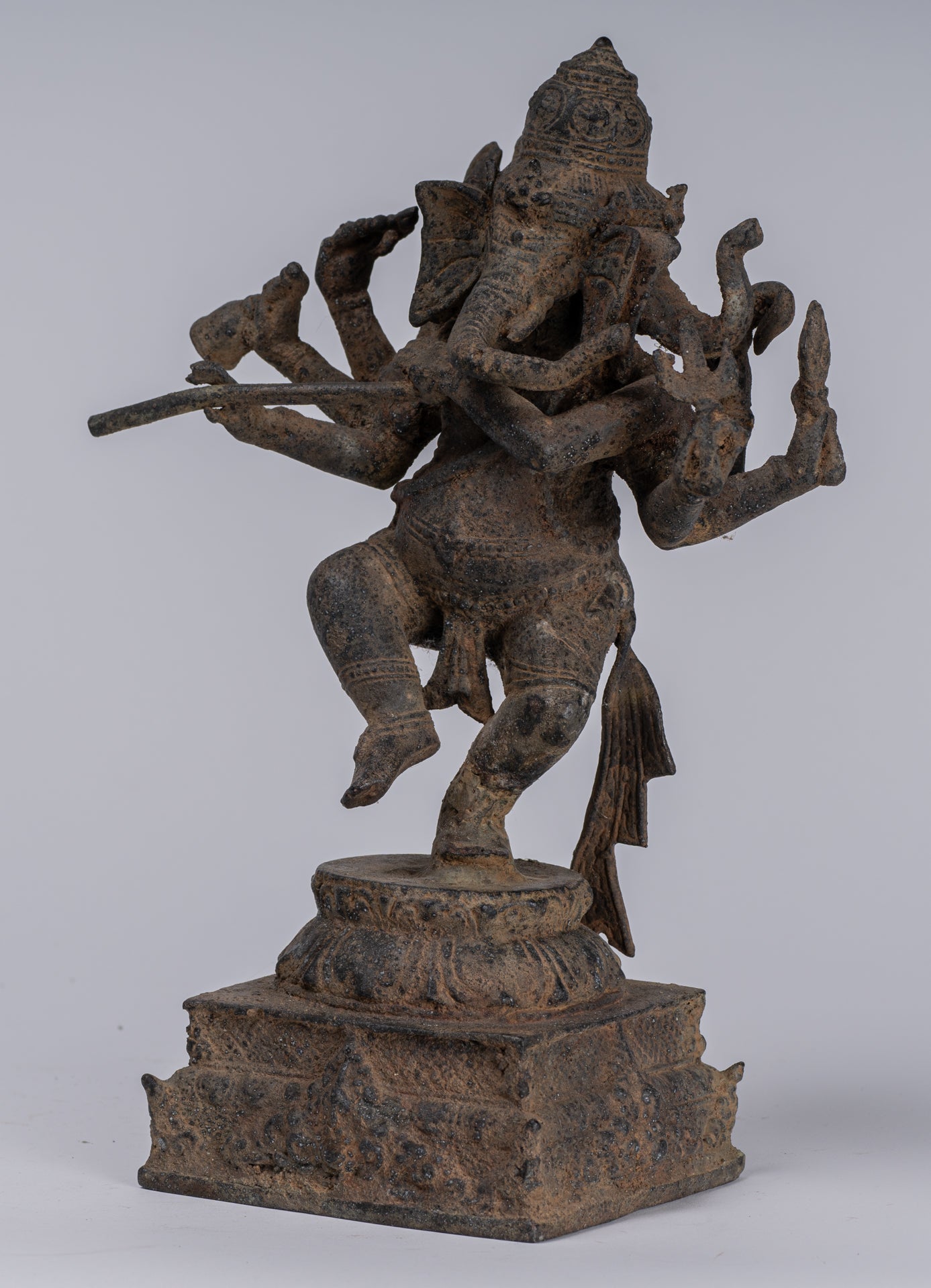 Ganesha Statue - Antique Javanese Style Bronze Dancing Indonesian Ganesha Statue Playing Flute - 29cm/12"