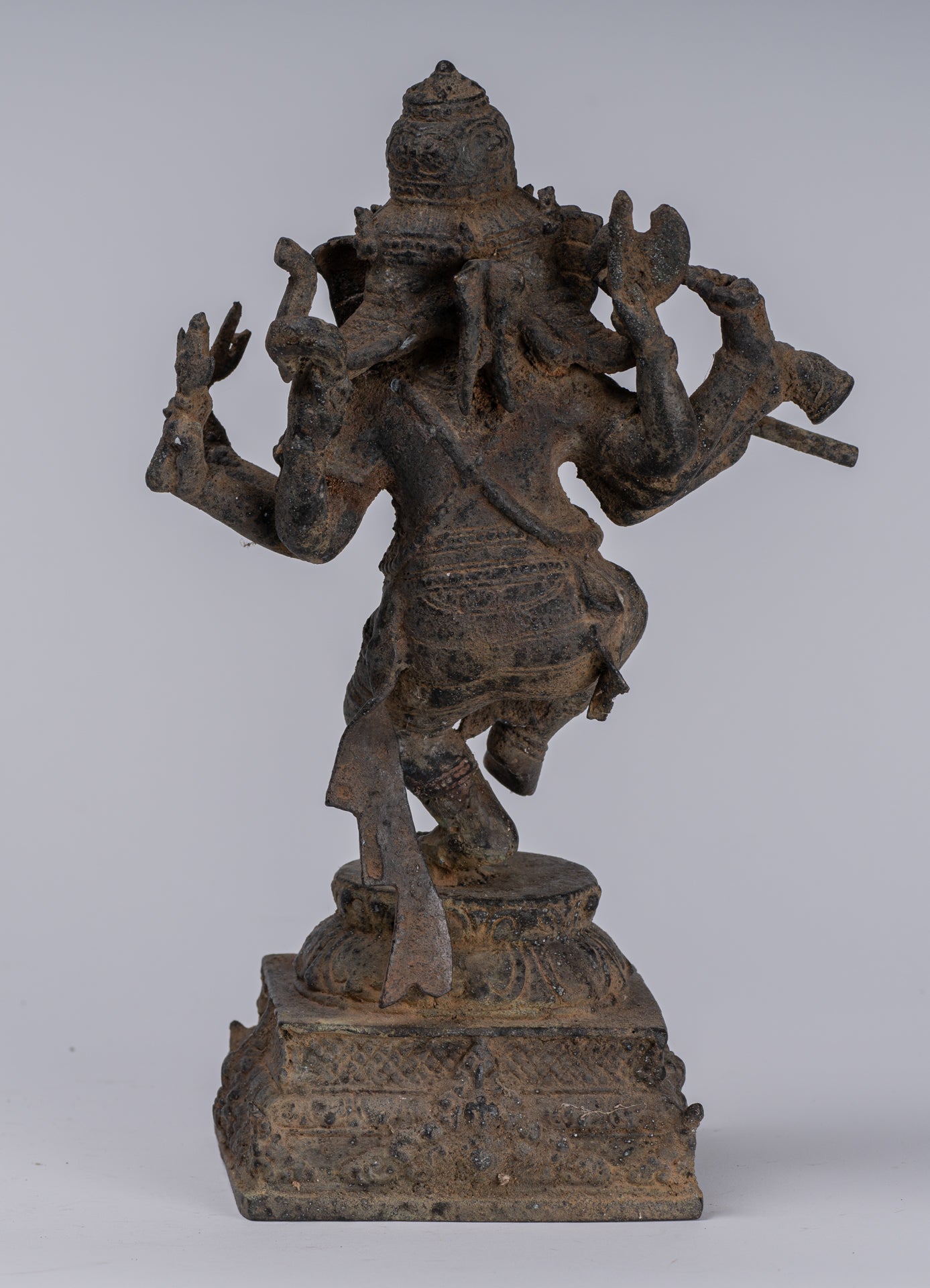 Ganesha Statue - Antique Javanese Style Bronze Dancing Indonesian Ganesha Statue Playing Flute - 29cm/12"