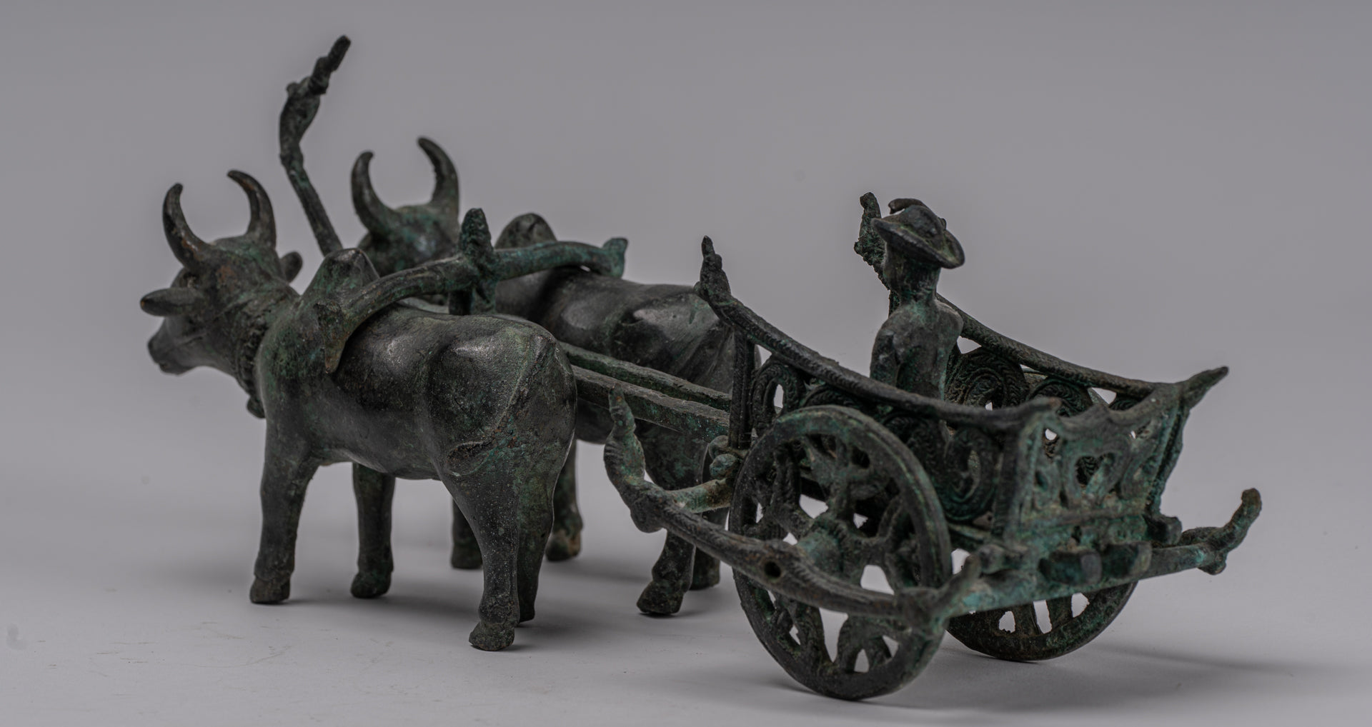 Ox Cart Statue - Antique Khmer Style Bronze Ox Cart Statue - 24cm/10"