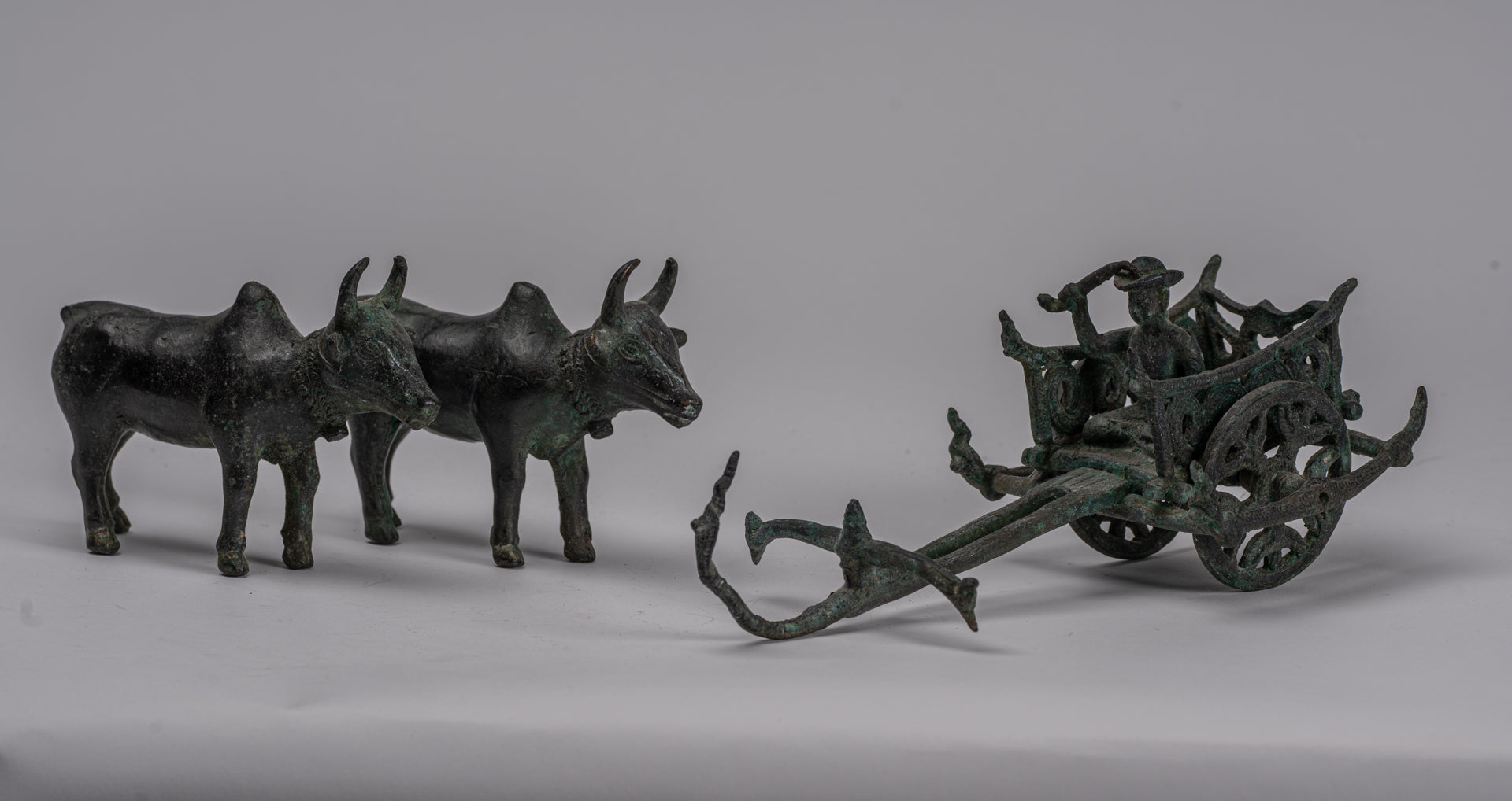 Ox Cart Statue - Antique Khmer Style Bronze Ox Cart Statue - 24cm/10"