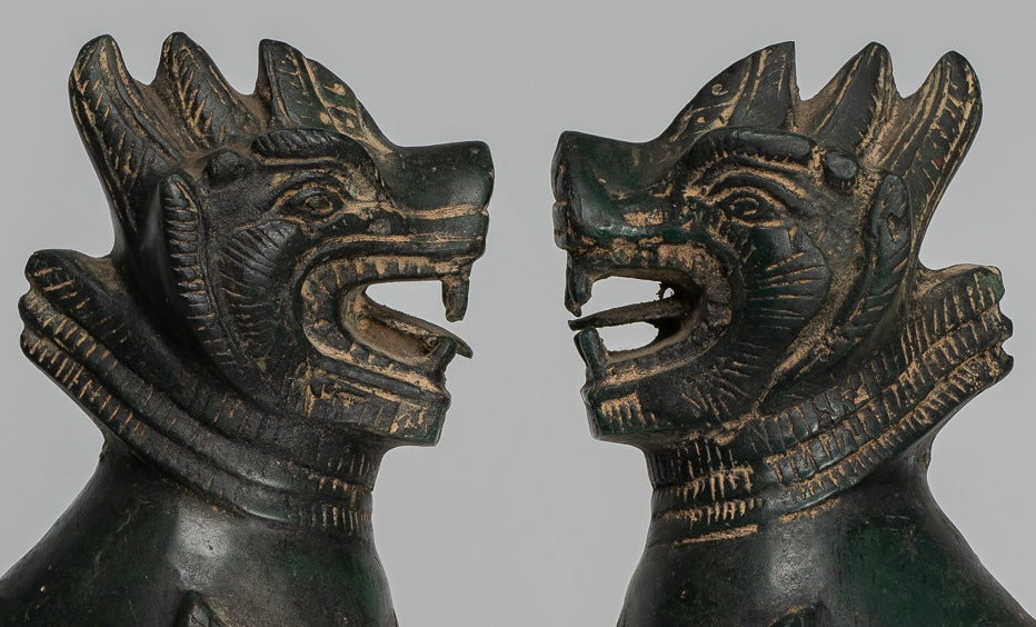 Antike Birmanenstil Bronze stehend Chinde der Wächter Tempel Löwen - 24 cm/10 "(Paar)