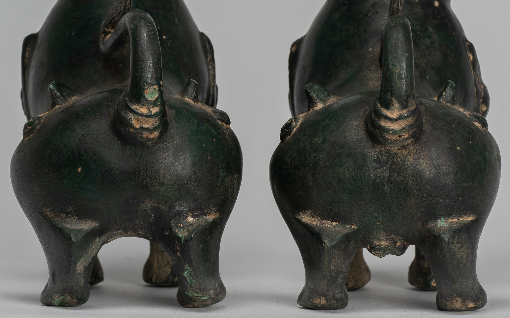 Antique Burmese Style Bronze Standing Chinthe Guardian Temple Lions - 24cm/10" (Pair)