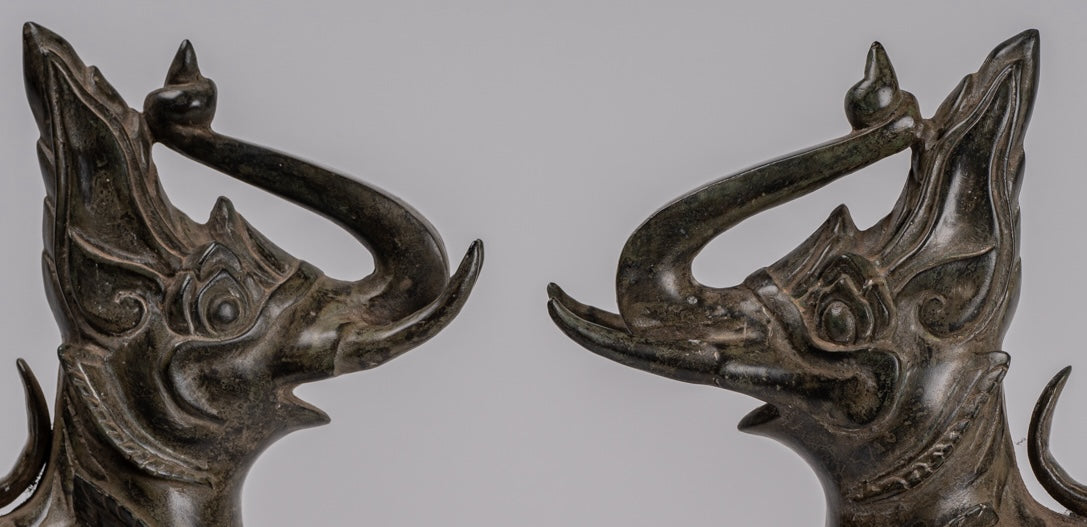 Antique Burmese Style Bronze Standing Chinthe Guardian Temple Lions (Pair) - 29cm/12"