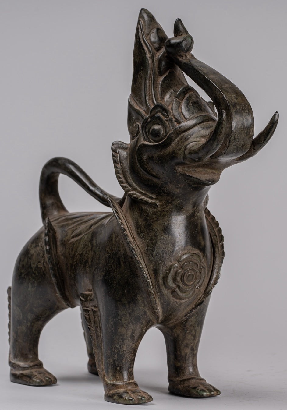 Antique Burmese Style Bronze Standing Chinthe Guardian Temple Lions (Pair) - 29cm/12"