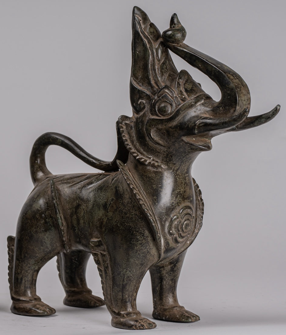 Antique Burmese Style Bronze Standing Chinthe Guardian Temple Lions (Pair) - 29cm/12"