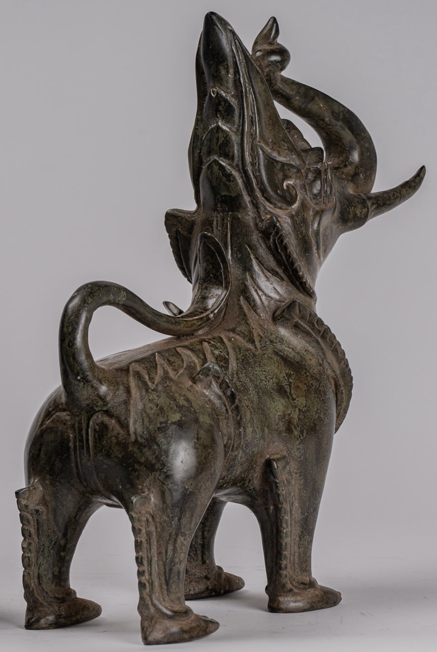 Antique Burmese Style Bronze Standing Chinthe Guardian Temple Lions (Pair) - 29cm/12"