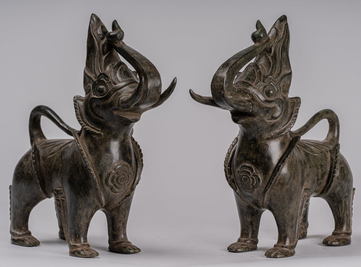 Antique Burmese Style Bronze Standing Chinthe Guardian Temple Lions (P ...