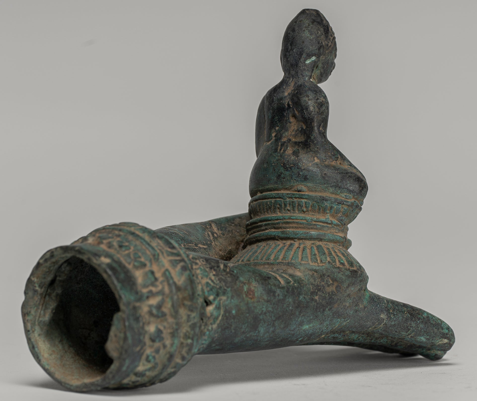 Freestanding Antique Khmer Style Bronze Hand & Buddha - 12cm/5"