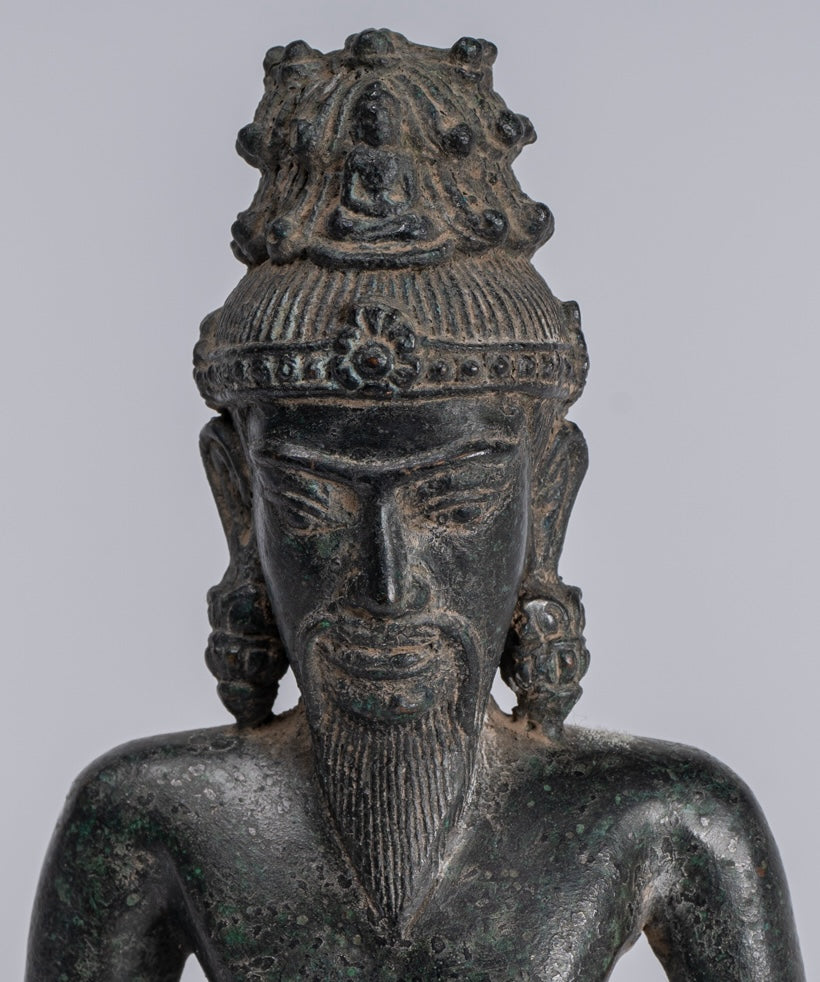 Rishi Statue - Antique Khmer Style Seated Bronze Rishi or Wise Man - 17cm/7"