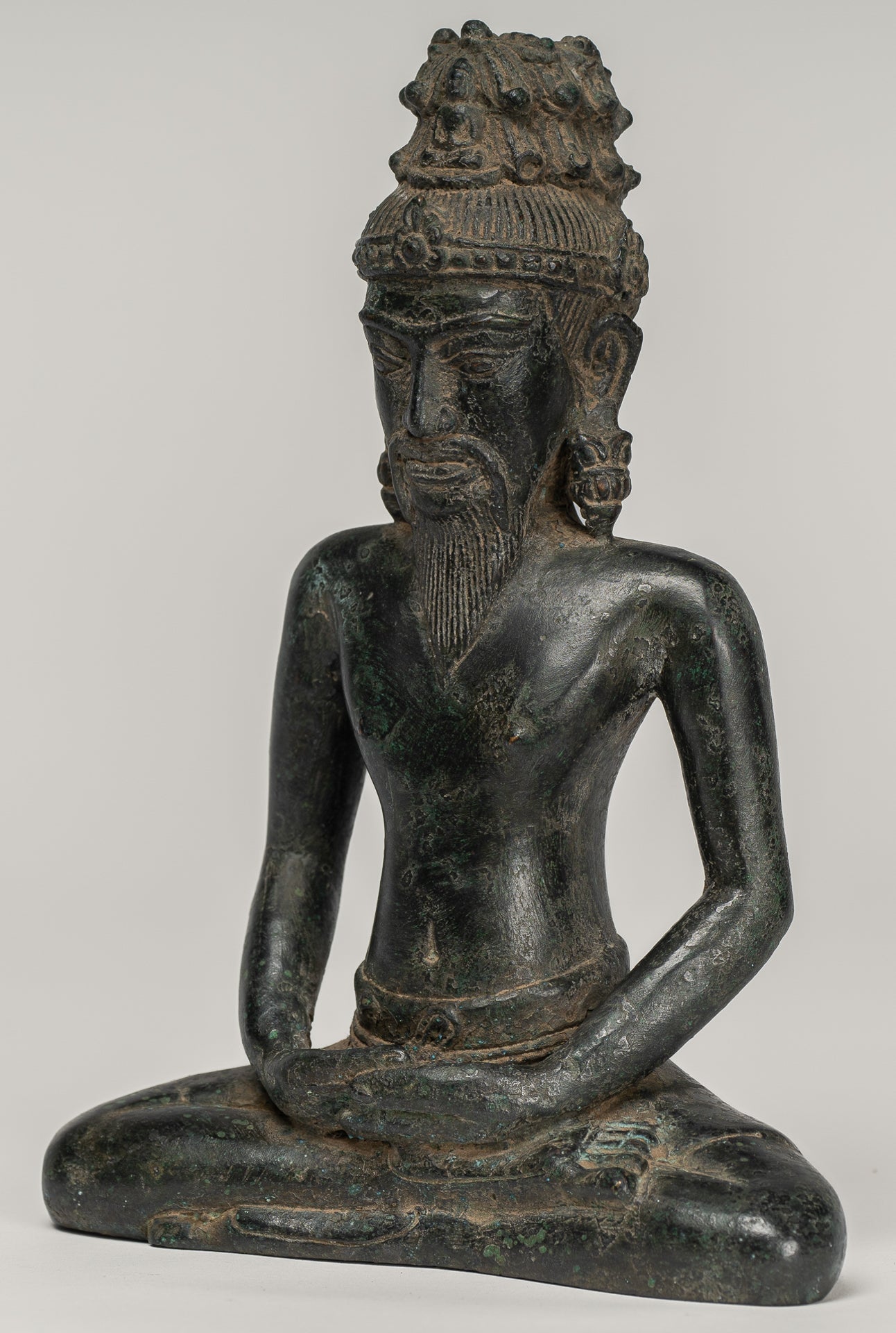 Rishi Statue - Antique Khmer Style Seated Bronze Rishi or Wise Man - 17cm/7"