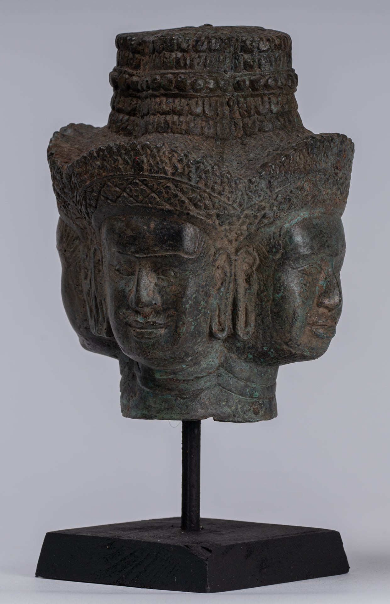 Estatua de Brahma - Cabeza de bronce de bronce montado en el estilo jemer antiguo - Creación de dios hindú - 24 cm/10 "