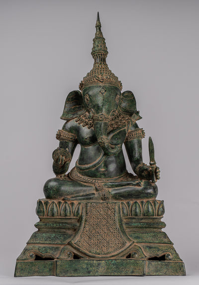 Ganesha Statue - Antique Khmer Style Bronze Seated Ganesh Statue - 60cm/24"