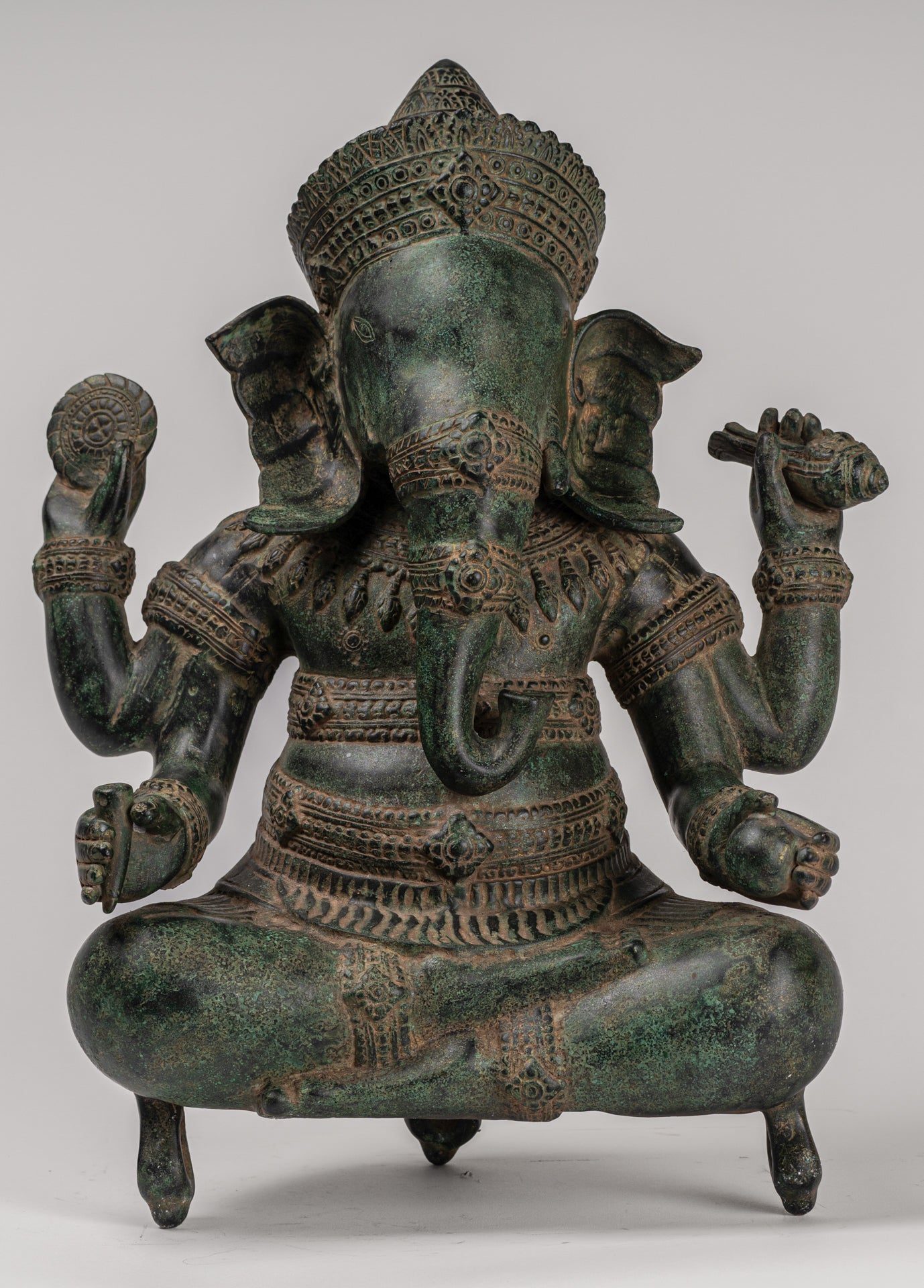 Ganesha Statue - Antique Khmer Style Angkor Wat Bronze Seated Four Arm Ganesh Statue - 38cm/15"