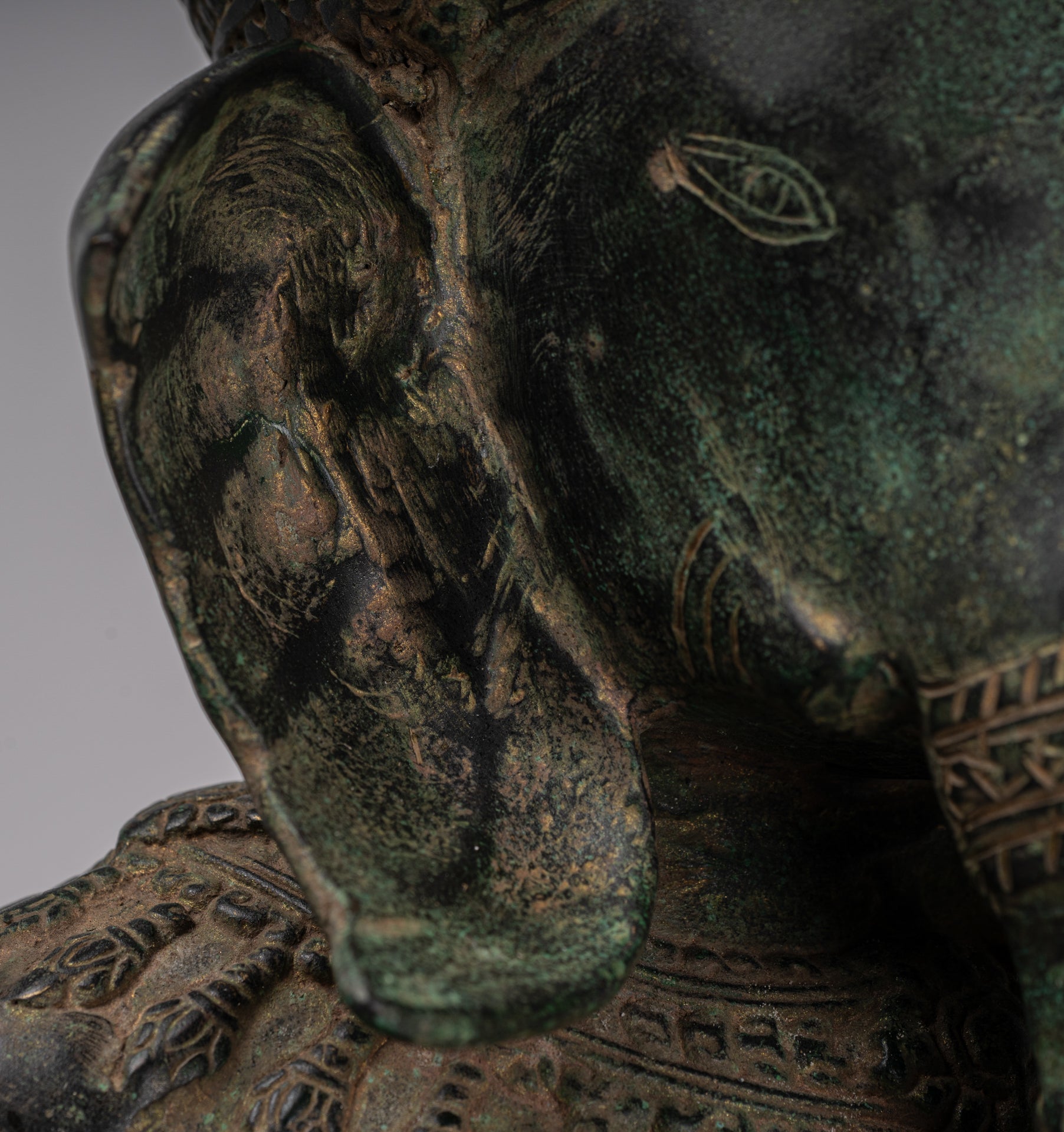 Ganesha Statue - Antique Khmer Style Angkor Wat Bronze Seated Four Arm Ganesh Statue - 38cm/15"