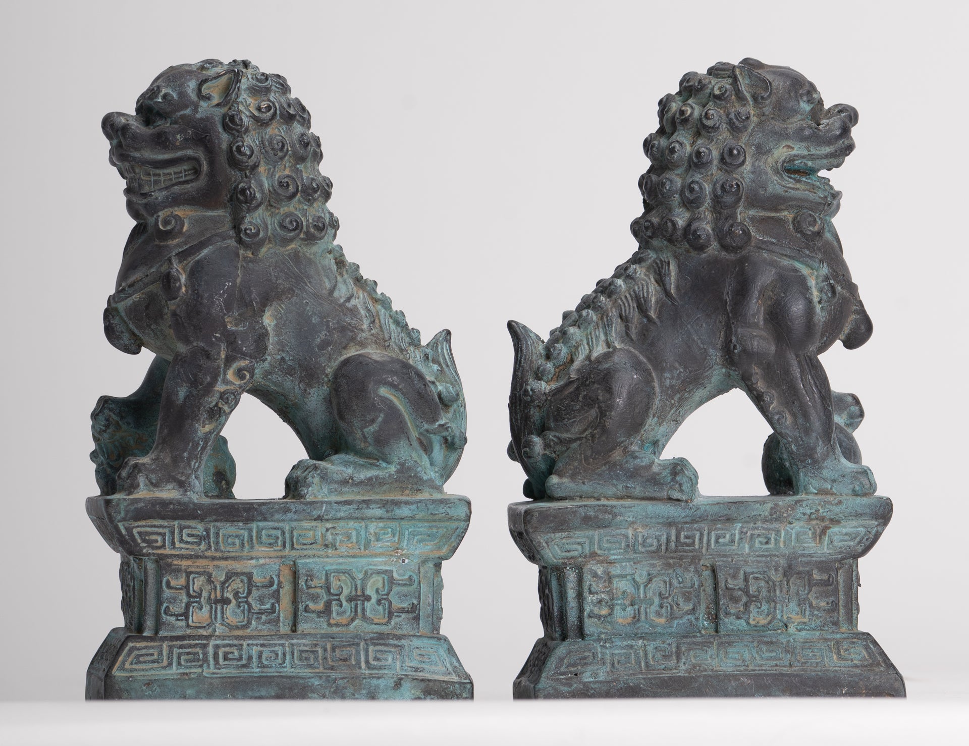 Antique Chinese Style Bronze Temple Guardian Lions Shishi Lions Foo Dogs Imperial Lions (Pair) - 16.5cm/7"