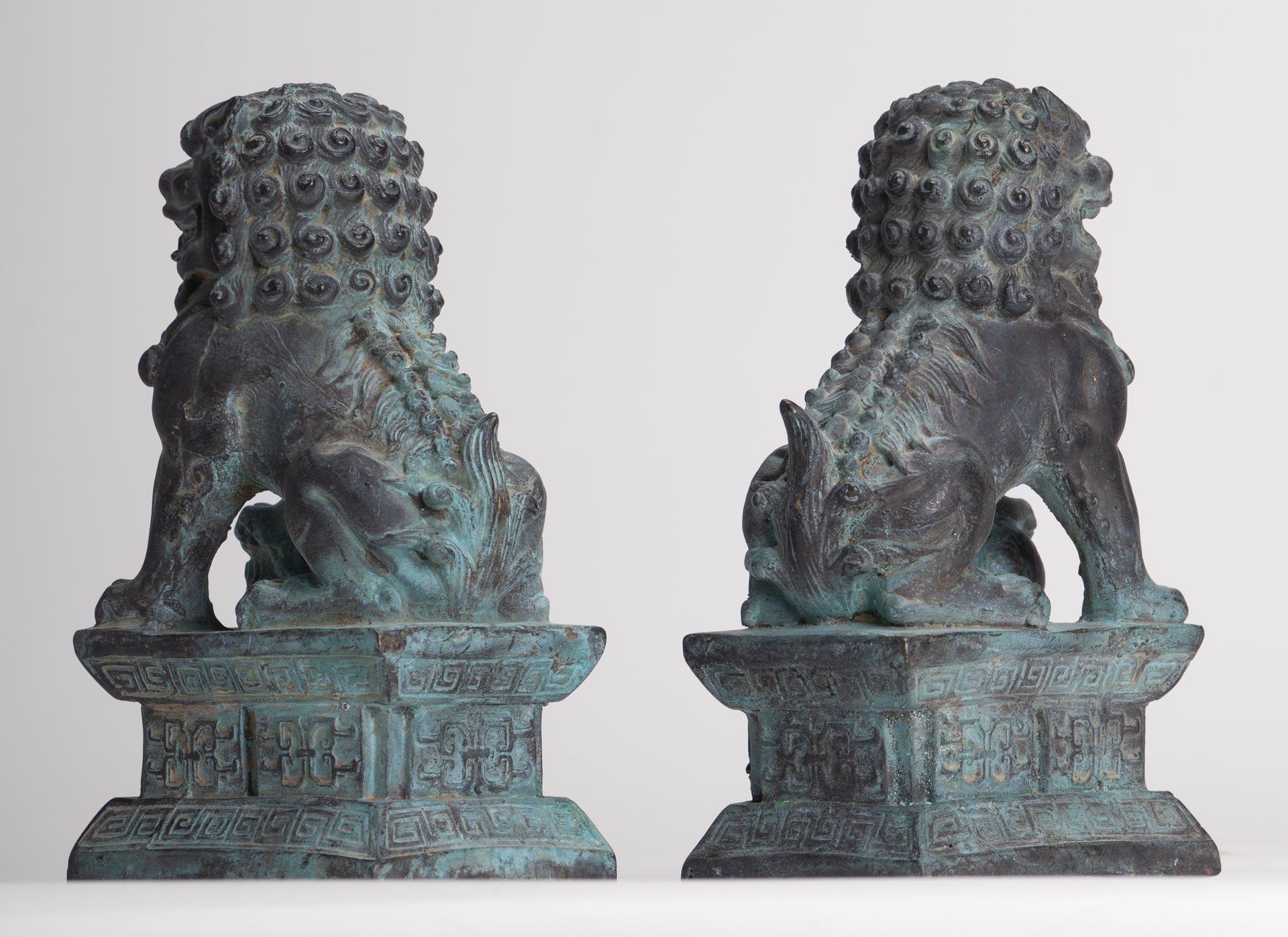 Antique Chinese Style Bronze Temple Guardian Lions Shishi Lions Foo Dogs Imperial Lions (Pair) - 16.5cm/7"