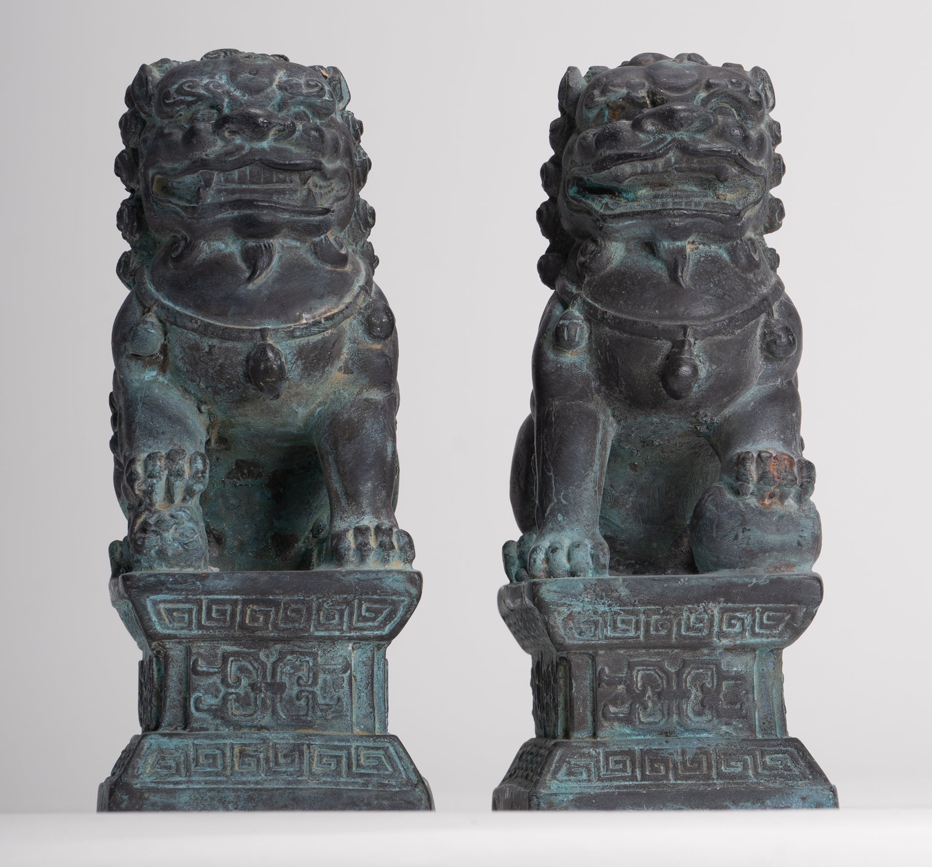 Antique Chinese Style Bronze Temple Guardian Lions Shishi Lions Foo Dogs Imperial Lions (Pair) - 16.5cm/7"