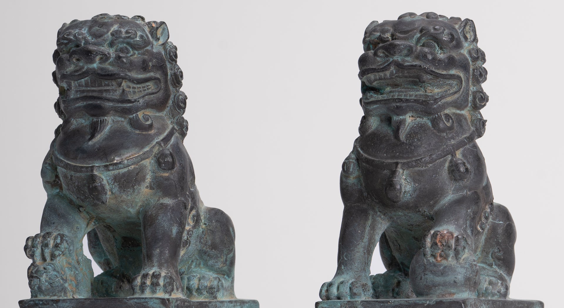 Antique Chinese Style Bronze Temple Guardian Lions Shishi Lions Foo Dogs Imperial Lions (Pair) - 16.5cm/7"