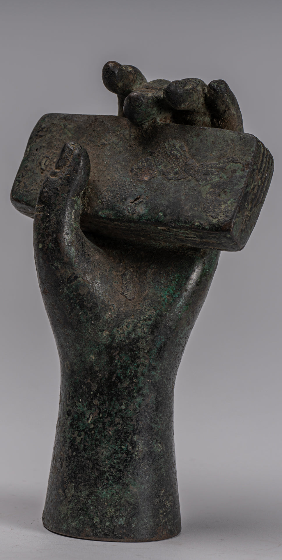 Free Standing Antique Khmer Style Southeast Asia Bronze Hand & Sutra - 16cm/6"