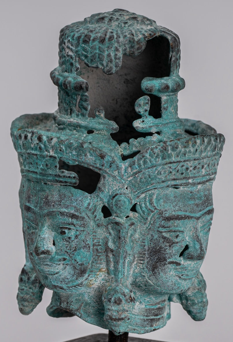 Estatua de Brahma - Cabeza de bronce de bronce montado en el estilo jemer antiguo - Creación de dios hindú - 18 cm/7 "