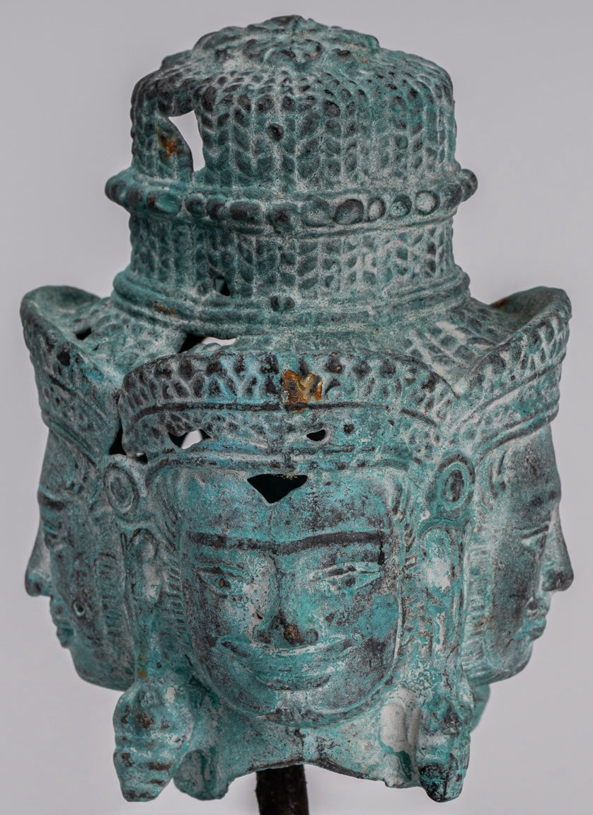 Estatua de Brahma - Cabeza de bronce de bronce montado en el estilo jemer antiguo - Creación de dios hindú - 18 cm/7 "