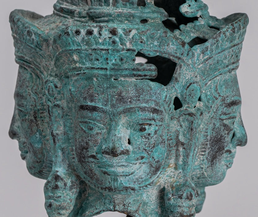 Estatua de Brahma - Cabeza de bronce de bronce montado en el estilo jemer antiguo - Creación de dios hindú - 18 cm/7 "