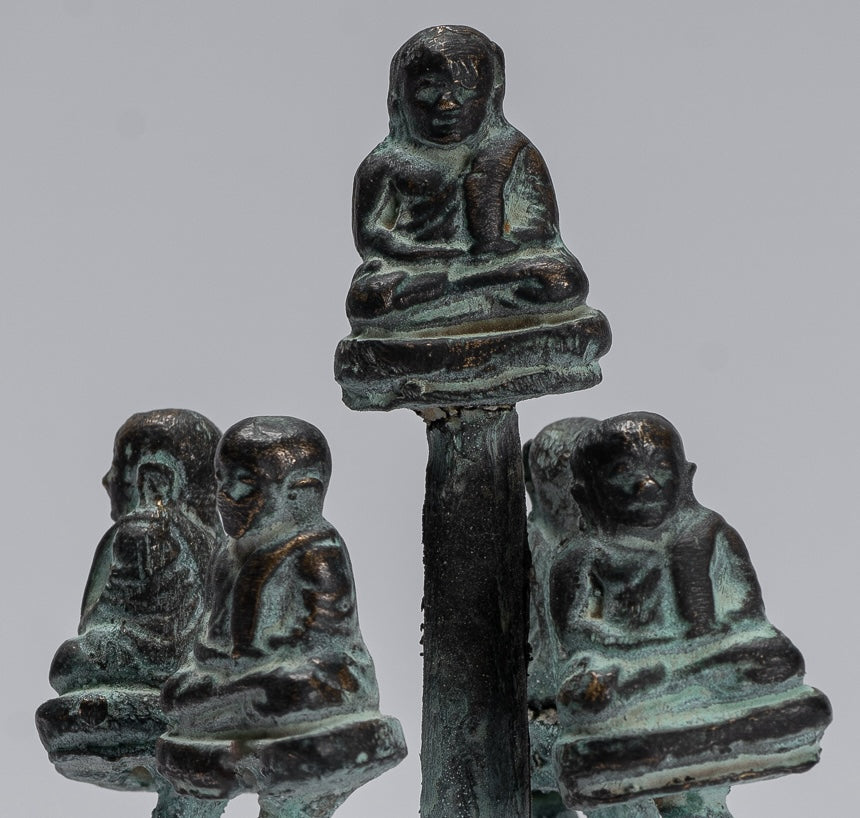 Buddha Sculpture - Antique Thai Style Bronze Happy, Fat, Laughing Buddha Budai Statues - 13cm/5"