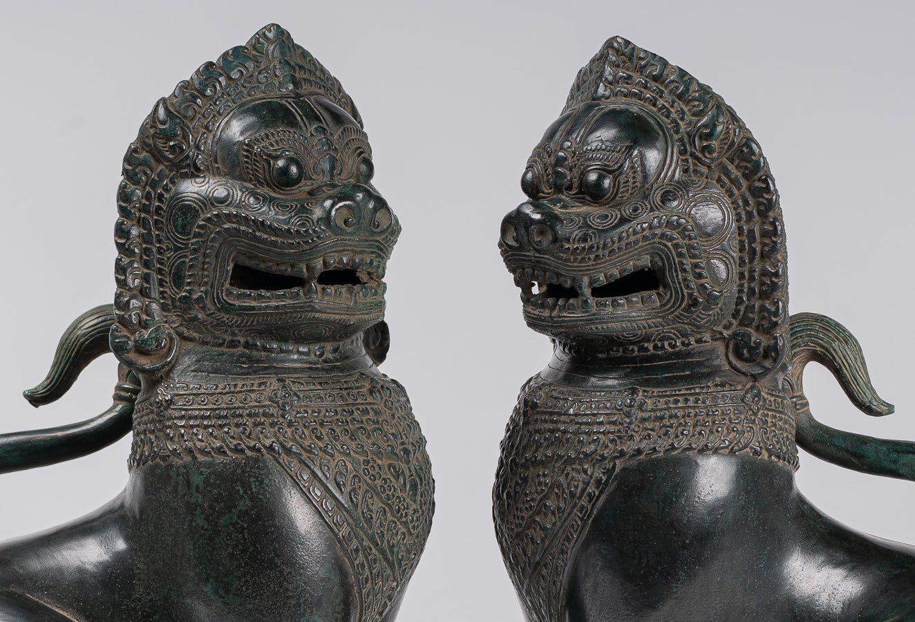 Temple Lions - Antique Khmer Style Bronze Standing Temple Guardians or Lions - 38cm/15"