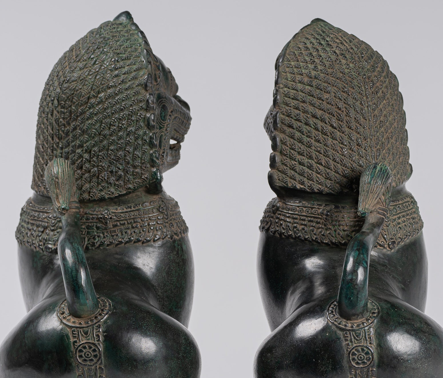 Temple Lions - Antique Khmer Style Bronze Standing Temple Guardians or Lions - 38cm/15"