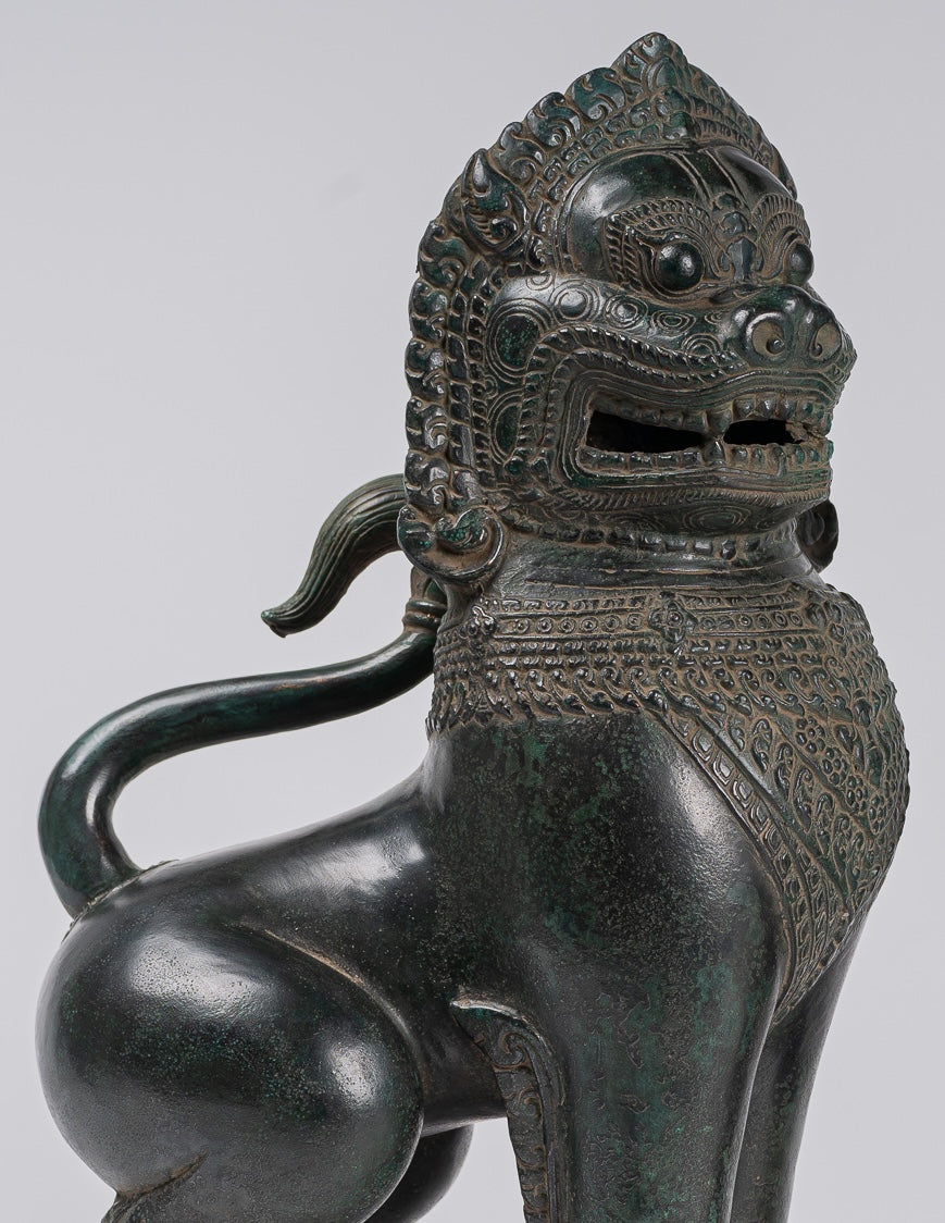 Temple Lions - Antique Khmer Style Bronze Standing Temple Guardians or Lions - 38cm/15"