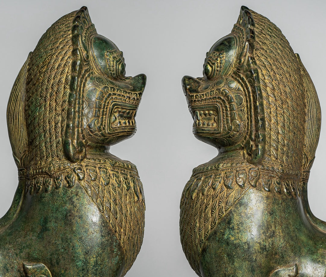 Temple Lions - Antique Khmer Style Bronze Temple Guardians or Lions (Pair) - 72cm/29"