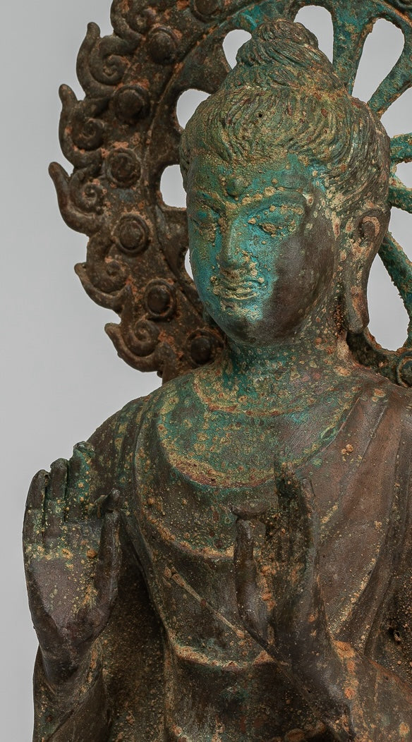 Indian Buddha Statue - Antique Gandhara Style Bronze Protection Buddha Statue - 29cm/12"