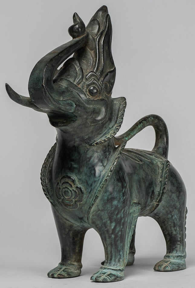 Antique Burmese Style Bronze Standing Chinthe Guardian Temple Lions - 29cm/12" (Pair)