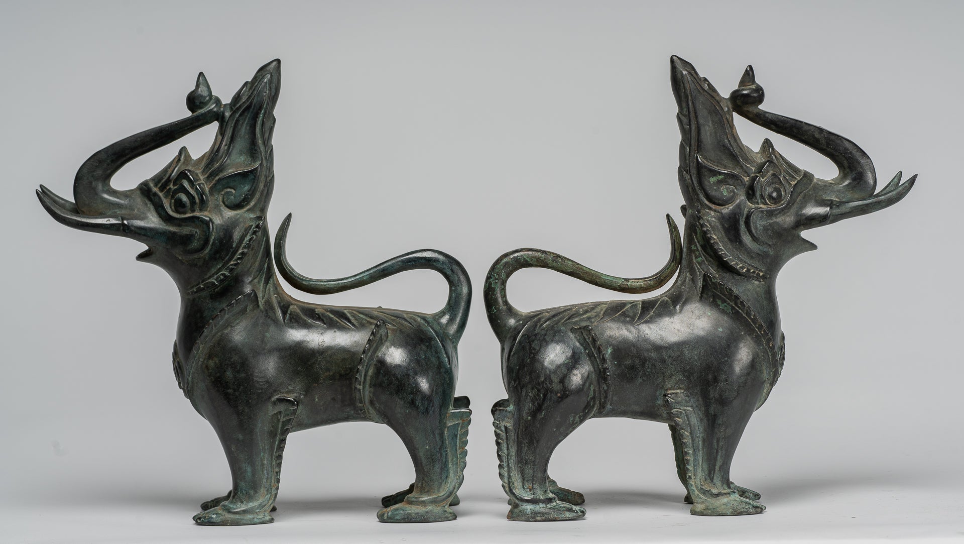 Antique Burmese Style Bronze Standing Chinthe Guardian Temple Lions - 29cm/12" (Pair)