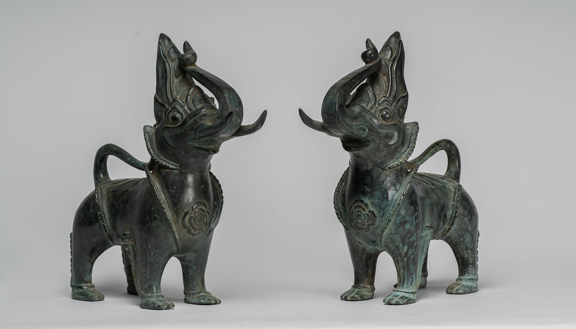 Antique Burmese Style Bronze Standing Chinthe Guardian Temple Lions - 29cm/12" (Pair)