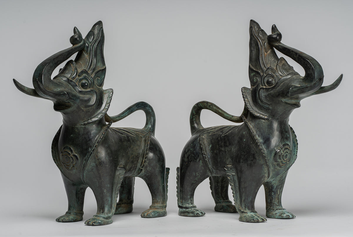 Antique Burmese Style Bronze Standing Chinthe Guardian Temple Lions ...