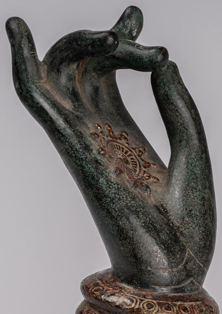 Mounted Antique Khmer Style Southeast Asia Bronze Teaching Hand - 29cm/12"