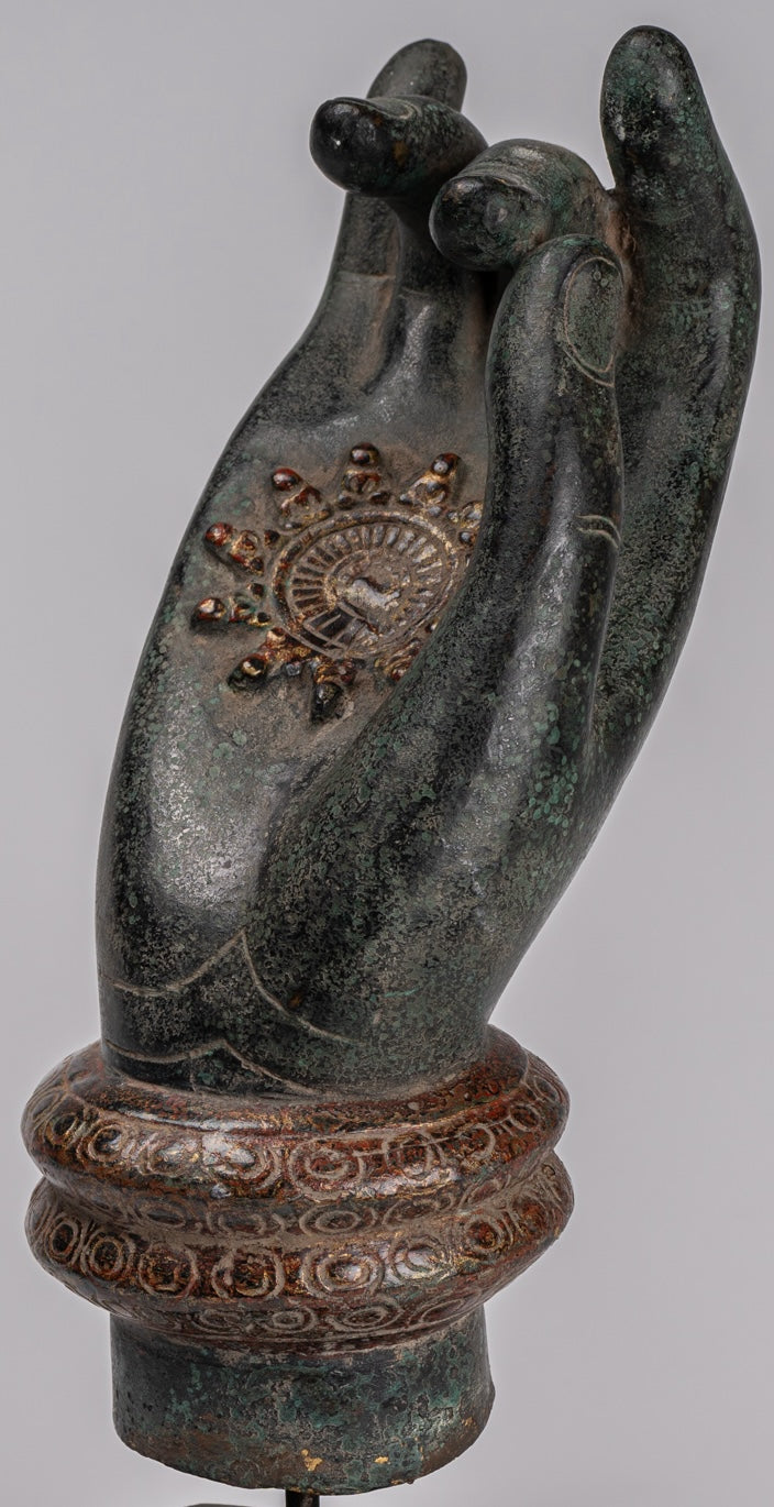 Mounted Antique Khmer Style Southeast Asia Bronze Teaching Hand - 29cm/12"